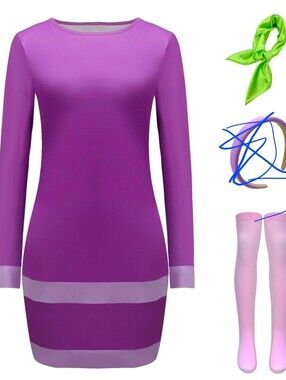 Womens Halloween Costume Purple Dress Cosplay Outfits with Green Scarf